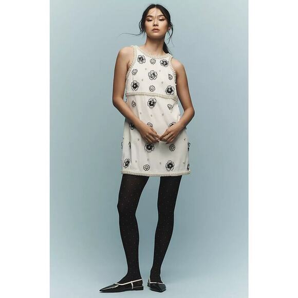 NWD Maeve 3D Embellished Pearl Shift Mini Dress Sz XSP Petite White #9N501 - Picture 3 of 14